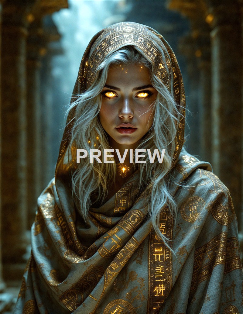 A woman with glowing eyes and long, wavy blonde hair is dressed in a hooded cloak decorated with intricate golden symbols, standing in a mysterious, ancient-looking environment.